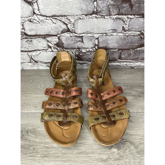 Earth Kalso Empire Bat Brown Leather Green Ankle Strap Wedge Sandals Women 7.5B - Picture 1 of 16